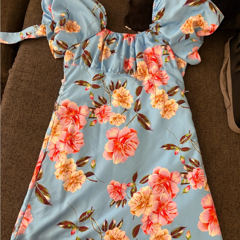 Girls Floral Puff-Sleeve Dress - Blue with Pink/Peach Blossoms
